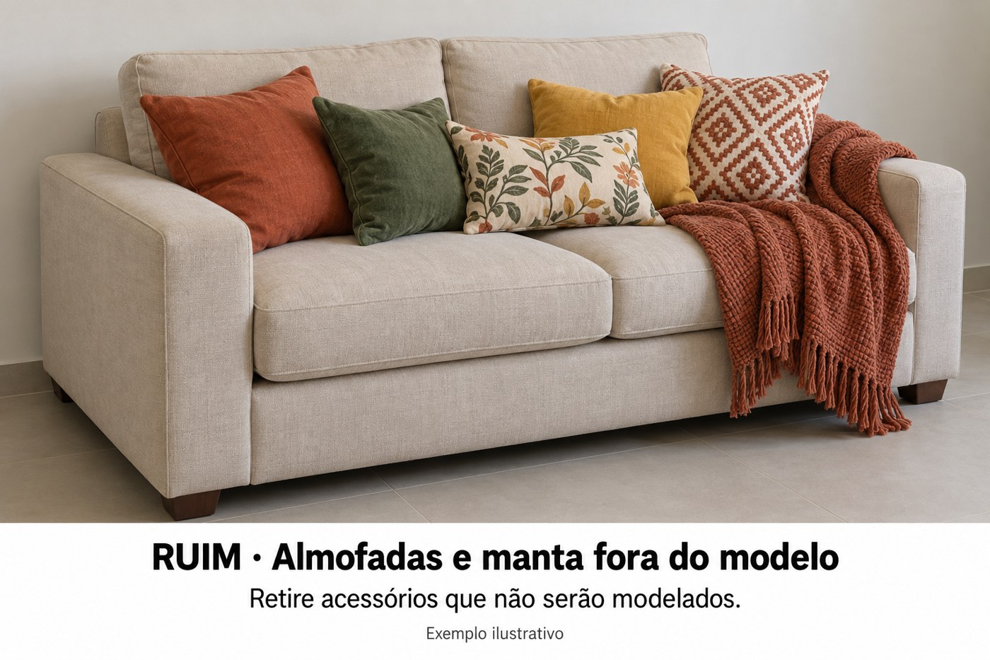 Exemplo mostrando a retirada de almofadas decorativas e acessórios que não fazem parte do móvel contratado