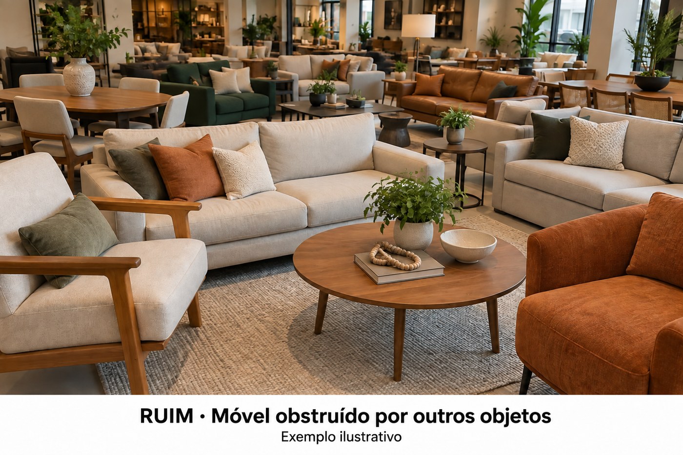 Exemplo de sofá obstruído por outros móveis e exemplo do sofá livre para ser fotografado
