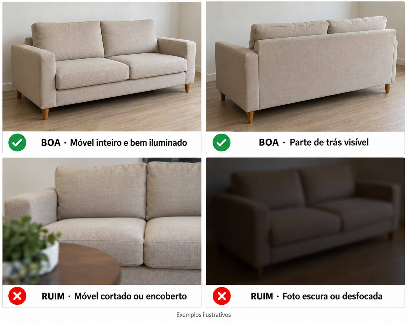 Comparação de boas fotos do móvel inteiro com fotos cortadas, escuras ou sem detalhes