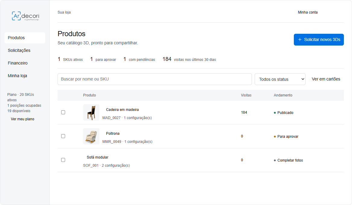 Plataforma Ardecori com lista de produtos, previews dos móveis e ações para compartilhar